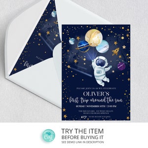 Editable Space Birthday Invitation First Trip Around The Sun | Space Birthday Party Invitation | Galaxy First Birthday Invite SP69