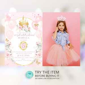 Bewerkbare sjabloon kleine prinses verjaardag meisje uitnodiging, prinses alle leeftijden verjaardagsfeestje foto uitnodiging, gouden kasteel roze Evite PR50