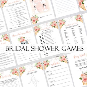 May include: A set of printable bridal shower games with a pink and gold floral theme. The games include "Who Said It", "Guess the Dress", "What's in Your Bag", "How Old Were They", "Bridal Bingo", "Ring Hunt", "Coor or Under", and "Your Advice for the Bride to Be".