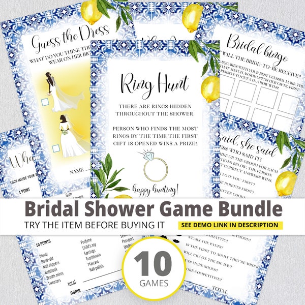 Lemon Theme Bridal Shower Game Bundle, Positano Blue Tile  Lemon, Citrus Bridal Shower Game Bundle /120