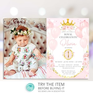 Editable Princess 1st Birthday Girl Invitation Template with Photo | Princess First Birthday Party Invitation Little Princess /099