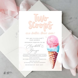 Boy and Girl Twins Ice Cream Baby Shower Invitation, Two Scoops Baby Shower Ice Cream Shower Invite for Twins Editable Digital Template ICE3