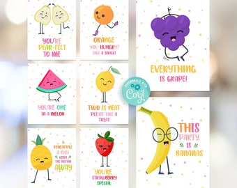 May include: Set of ten printable cards featuring fruit puns. Each card has a different fruit with a funny saying. The cards are perfect for a fruit-themed party or as a fun gift.