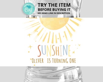 Etiquetas editables para botellas de agua con temática de sol • Decoraciones de cumpleaños para nuestro pequeño sol • Etiquetas de viaje alrededor del sol, pegatinas para botellas de agua S27