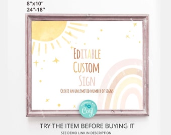 Boho Sun and Rainbow Editable Custom Sign Template Little Ray Of Sunshine Baby Shower Sign Sunshine Birthday Sign Favor Sign Printable RB33