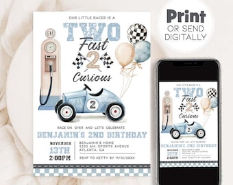 Two Fast Birthday Invite, Two Fast Two Curious, Race Car 2nd Birthday Invitation Template, Vintage car Corjl CA92