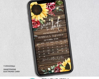 Invitación de despedida de soltera con girasoles y rosas. Invitación de boda. Guardar la fecha. Invitación electrónica editable para teléfono inteligente / Rosa de girasol rústica SR34
