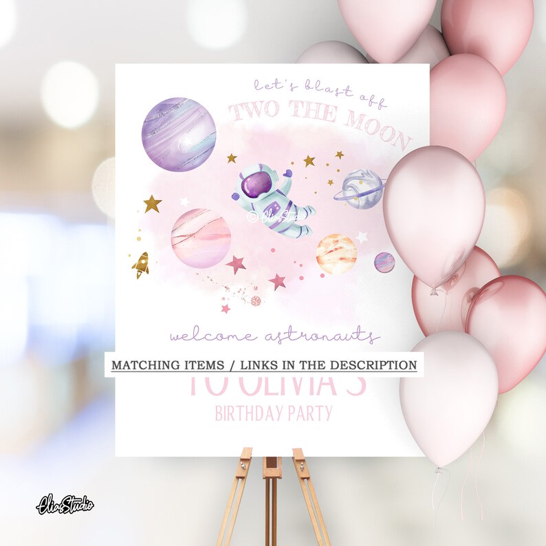 May include: Pink and purple welcome sign for a 2nd birthday party with a space theme. The sign features an astronaut, planets, and stars. The text reads "Let's blast off to the moon. Welcome astronauts. To Olivia J. Birthday Party."