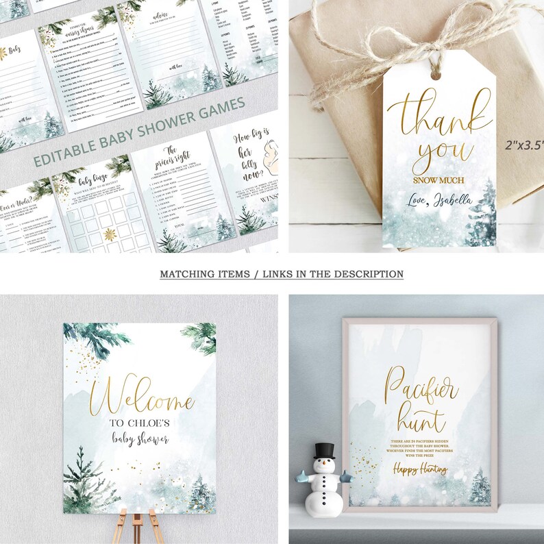 May include: Winter wonderland themed baby shower decorations including a welcome sign, pacifier hunt sign, and thank you tags. The decorations feature a blue and green watercolour background with gold glitter accents.