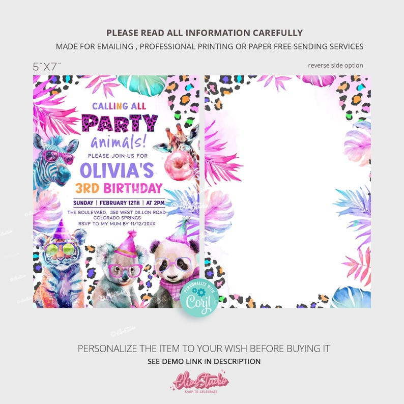 Puede incluir: Una invitaci&oacute;n colorida para una fiesta de cumplea&ntilde;os de 3 a&ntilde;os con tem&aacute;tica de animales de la selva. La invitaci&oacute;n presenta una cebra, una jirafa, un tigre, un koala y un panda con gafas de sol y sombreros de fiesta. El texto de la invitaci&oacute;n dice "Calling all party animals! Please join us for Olivia's 3rd Birthday".