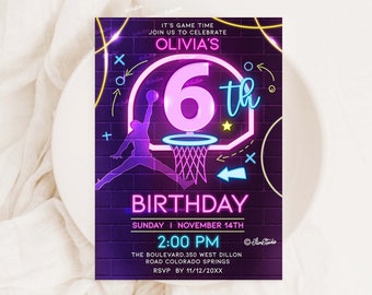 Basketball Birthday Invitation, Neon Invite, Girl Basketball Birthday Invitation, Basketball Invite, 6th Birthday Invite, Sports Invite BG6