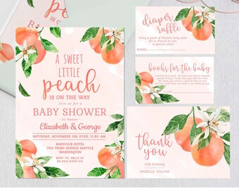 Sweet as a Peach Baby Shower Invitation Set Sweet Peach Baby Shower Template Bundle Girl Baby Shower Invite Digital Printable PH44