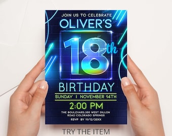 18th Birthday Boys Neon Birthday Evite Template Boy 18th Birthday Invitation Neon Glow Party Invite 18th Birthday Invitation NT18