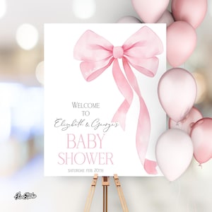 Bow Baby Shower Signs, Pink Bow Baby Shower Welcome Sign Template, Pink Bow Baby Shower Decor BO4