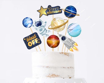 Topo de bolo de aniversário espacial Topo de bolo para impressão Espaço de aniversário | Centros de mesa Placa de aniversário espacial Decorações espaciais Download instantâneo SP433