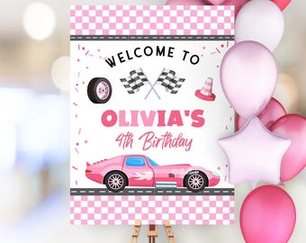 Cartel de bienvenida de cumpleaños con diseño de coche de carreras rosa: Todas las edades (Descarga digital)