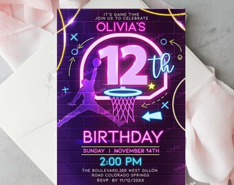 Neon Basketball Invitation Basketball Invite Basketball Party Basketball Girl 12th Birthday Sport Invitation Birthday Girl Sport Invite BG12