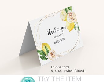 Thank You Cards Bridal Shower Lemons •  Editable Thank You Folded Card, Positano Blue Tile,  Lemon /476