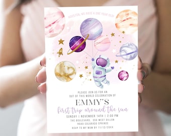 Editable Space Birthday Invitation, Pink Galaxy Birthday Party Invite, First Trip Around The Sun Birthday Girl Invitation, Pink Invite SP460