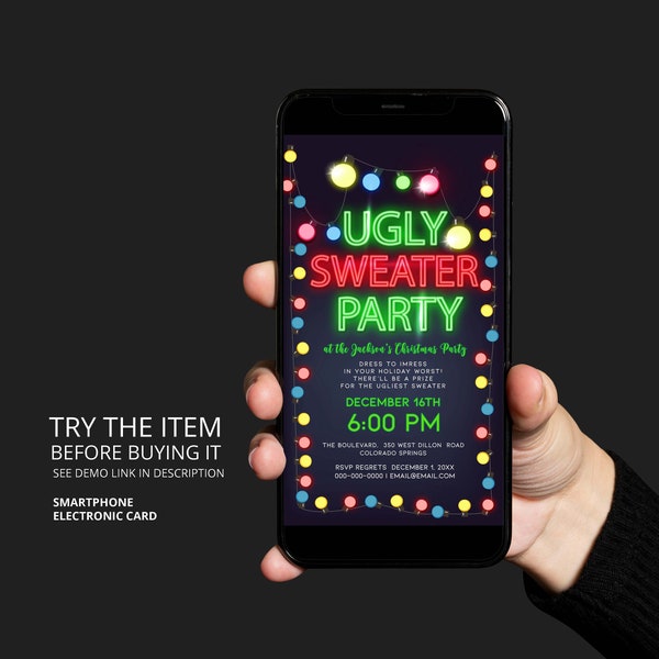 Ugly Sweater Text Message Invitation Template, Ugly Sweater Christmas Party Digital Evite X-mas Mobile Invitation Corjl W232
