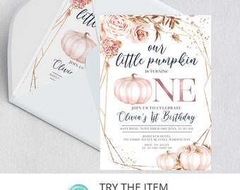 May include: A printable invitation for a first birthday party with an autumn theme. The invitation features a pink pumpkin, gold geometric shapes, and the text "Our little pumpkin is turning one".