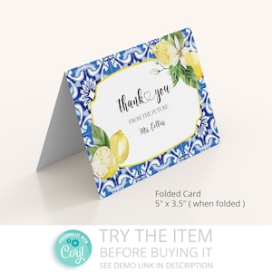 Cartões de agradecimento Chá de panela Limões • Cartão de agradecimento dobrável editável, Azulejo azul Positano, Modelo de limão /473