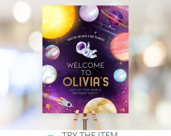 Editable Outer Space Birthday Welcome Sign | First Trip Around the Sun  Birthday Girl Sign | Astronaut Pink Gold Galaxy Birthday SP266