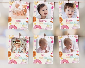 Edytowalny baner urodzinowy Sweet One, miesięczny baner ze zdjęciami na imprezę lodową, zdjęcia z pierwszego roku, zdjęcie z kamieniem milowym, dekoracja urodzinowa w kształcie cukierków /0289