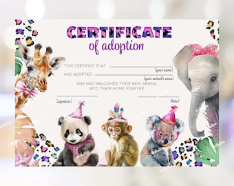 Adopt Animal Adoption Certificate Safari Animals Birthday Table Decor Wild One Party Animals Birthday Girl Zoo Party Download Digital PA26