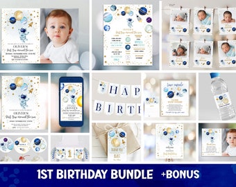 May include: A set of printable party decorations for a first birthday with a space theme. The decorations include invitations, banners, cupcake toppers, water bottle labels, and thank you tags. The decorations feature a blue, gold, and white color scheme with illustrations of planets, stars, and a rocket.