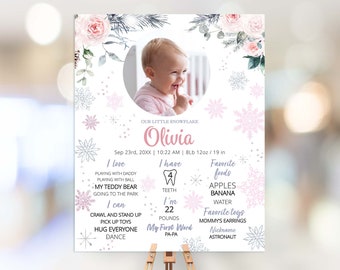 Winter Onederland Decor Milestones Sign with a Photo Winter Onederland Milestone Pink Snowflake 1st Birthday Girl Chalkboard W222