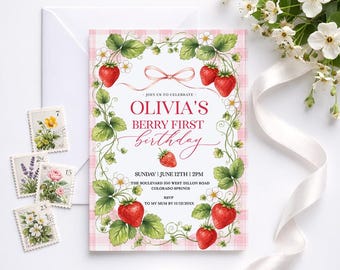 Berry Sweet Invite, Berry First Birthday Invitation Girl, Strawberry Birthday Invitation, Editable Template SB65