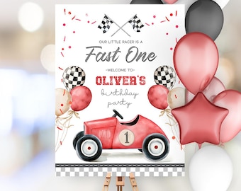 Fast One Birthday Boy, Racecar Birthday Welcome Sign Template Corjl, Red Car Birthday Party, Vintage car Birthday Decoration CA135