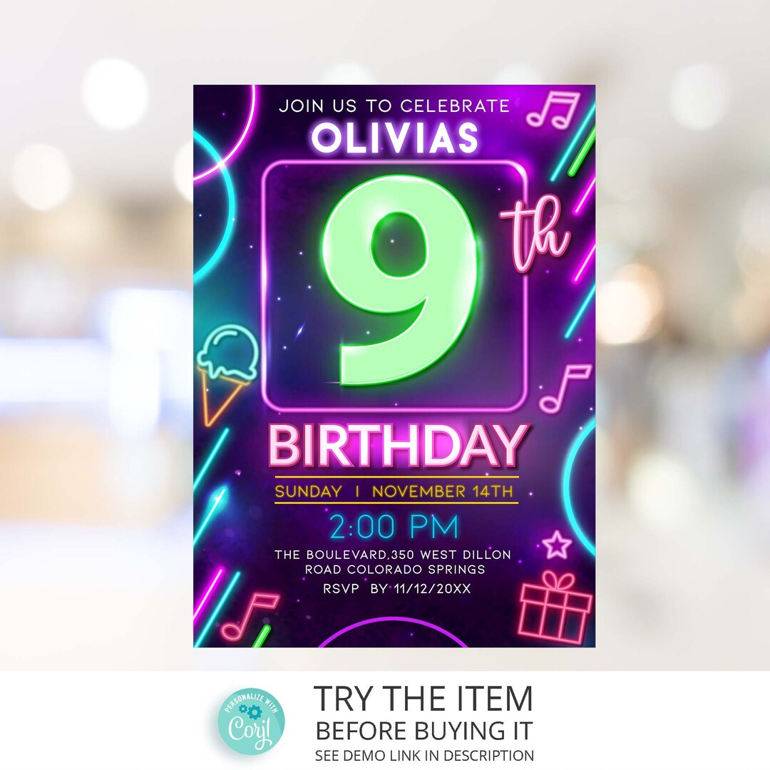 Neon Birthday Invitation Template Girl 9th Birthday Neon Glow Party