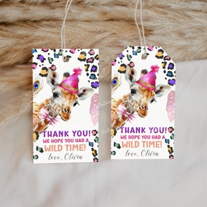 Party Animals Birthday, Favor Tags, Giraffe Birthday, Thank You Tags Editable Template, Safari Animals Birthday, Wild One birthday PA104