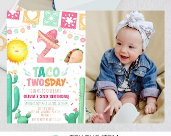 Plantilla de invitación para fiesta de segundo cumpleaños / Taco TWOsday Fiesta Birthday Invitation Second Birthday Mexican Tacos Girl Cactus F9