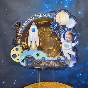 First Trip Around The Sun Cake Topper Personalized With Photo, Name, Lights Space 1st Birthday Cake Topper Space Party Decor Astronaut AA15