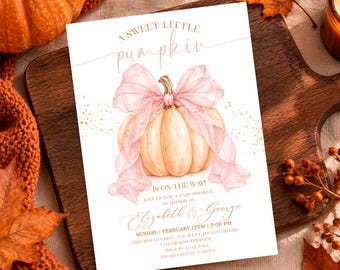 Sweet Little Pumpkin Baby Shower Invitation, Pink Bow Fall Baby Shower Invite, Editable Pumpkin on the Way Corjl Template P310