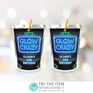 Neon Birthday Juice Box Label • Let&#39;s Glow Crazy Birthday Juice Pouch Label Template Neon Glow Birthday Decorations N30
