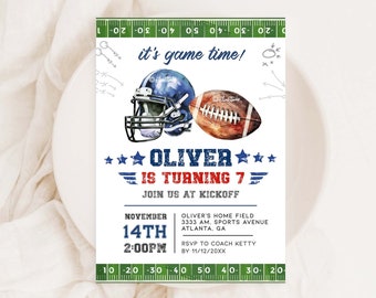 May include: A blue and white football helmet and a brown and white football with a green and white football field graphic. The text "it's game time!" is at the top of the image. The text "Oliver is turning 7" is in red and blue with stars and a red, white, and blue airplane graphic. The text "Join us at kickoff" is in black. The text "November 14th 2:00pm" is in black. The text "Oliver's home field 3333 AM. Sports Avenue Atlanta, GA" is in black. The text "RSVP to Coach Ketty by 11/12/20XX" is in black.