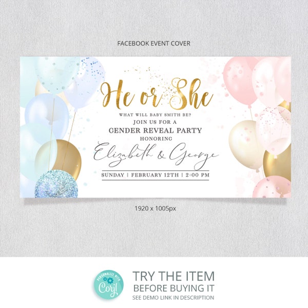 Facebook Cover Design Baby Shower Gender Reveal Facebook event cover template | Rose and Blue Balloons Social Media Banner /991