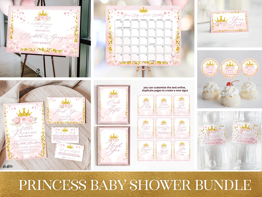 Editable Little Princess Baby Shower Invitation Bundle | Pink and Gold ...