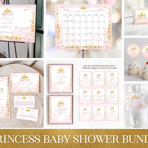 Editable Little Princess Baby Shower Invitation Bundle | Pink and Gold Little Princess Baby Shower Set Blush Pink Gold Glitter PR24