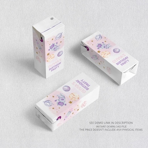 May include: Three rectangular juice box labels featuring a watercolor space theme with astronauts, planets, and stars in shades of purple, pink, and gold. The text "OLIVIA'S BIRTHDAY PARTY" is printed on each label in a clear, sans-serif font.
