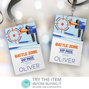 Dart Gun Party VIP Pass - Dart Wars Dart VIP Pass by - Battle Zone ID Badge for Foam Dart Party Printable Birthday decorations /0286