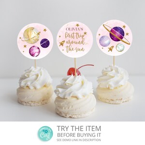 Planet Cupcake Toppers | First Trip Around the Sun Girl 1st Birthday Cupcake Toppers | Pink Gold Galaxy Cupcake Toppers Digital SP179