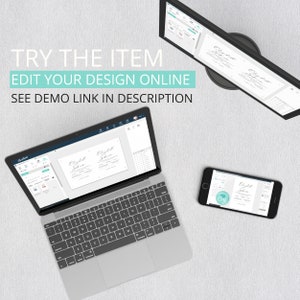 May include: A laptop, a desktop computer, and a smartphone are all displaying the same design for a wedding invitation. The invitation is white with black text and a teal floral design. The text on the invitation reads "Elizabeth & John".