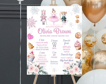 May include: A pink and white printable baby milestone sign with a watercolour design featuring a nutcracker, a ballerina, and a mouse. The sign includes the baby's name, Olivia Brown, birth date, time, weight, and length. It also includes a list of the baby's favourite foods, toys, and activities.