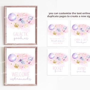 Bearbeitbares Pink Outer Space Favors Schild Set mit 6 Galaxy Geburtstagskind Poster Erste Reise Gefälligkeiten Schild Bundle Karten und Geschenke Astro Snacks SP447