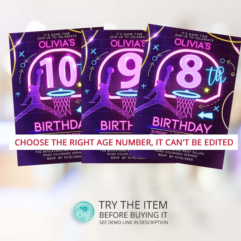 May include: Three basketball-themed birthday invitations with neon pink numbers 10, 9, and 8. The invitations have a brick background and a basketball hoop with a silhouette of a basketball player. The text on the invitations reads "It's game time, join us to celebrate Olivia's 10th/9th/8th Birthday".